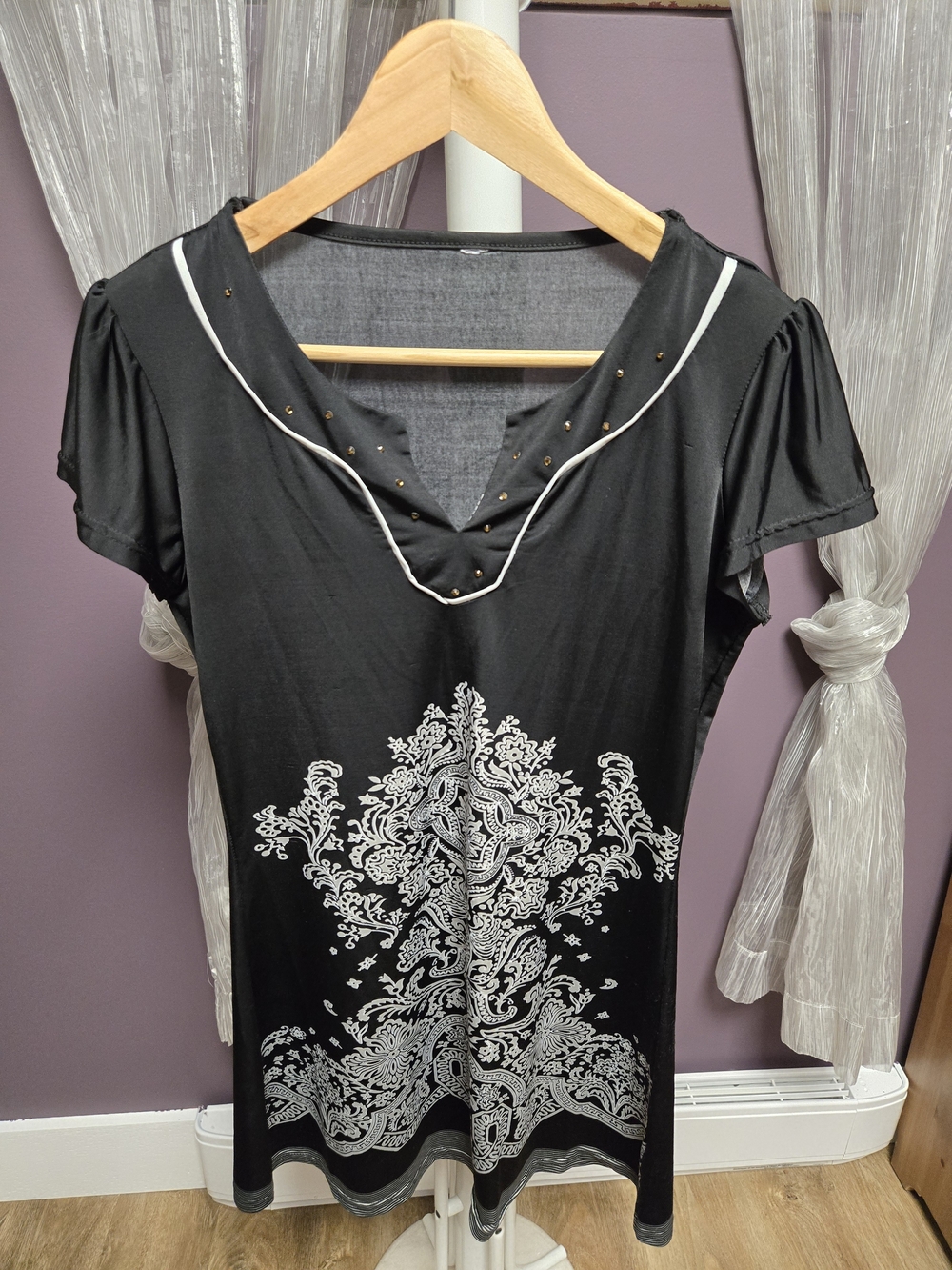 Black Paisley Print Top with Rhinestone Trim – Size M